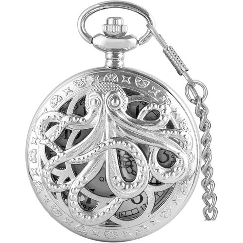 Montre  Gousset Vintage En Forme De Pieuvre - Montre De Poche  Quartz Avec Chane - Pendentif Unique Pour Nol Et Anniversaire, Argent/Blanc, Classique