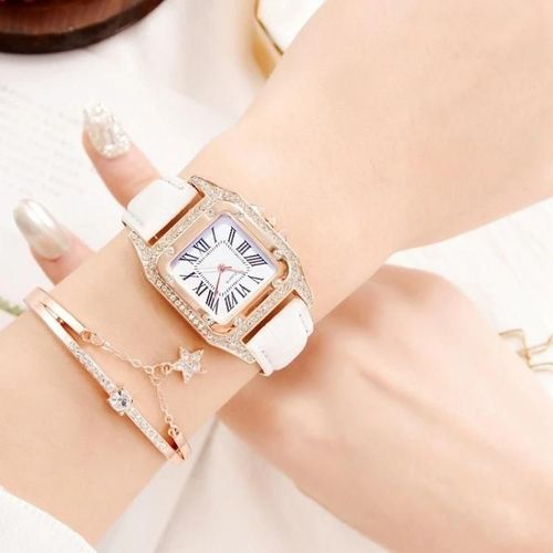 Montre  Quartz  Bracelet Carr Tonneau Pour Femme-Couleur Blanche Avec Bracelet