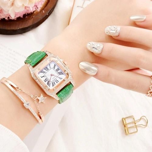 Montre  Quartz  Bracelet Carr Tonneau Pour Femme-Couleur Verte Avec Bracelet