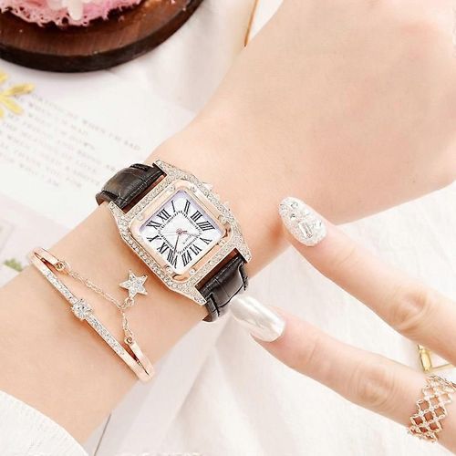 Montre  Quartz  Bracelet Carr Tonneau Pour Femmes, Couleur : Noir + Bracelet