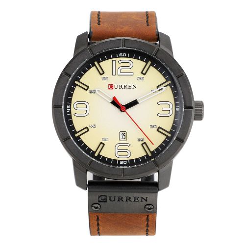 Montre A Quartz Curren Pour Homme, Bracelet En Cuir Synthetique, Etanche Jusqu'a 3 Atm, Calendrier (Noir Et Jaune)