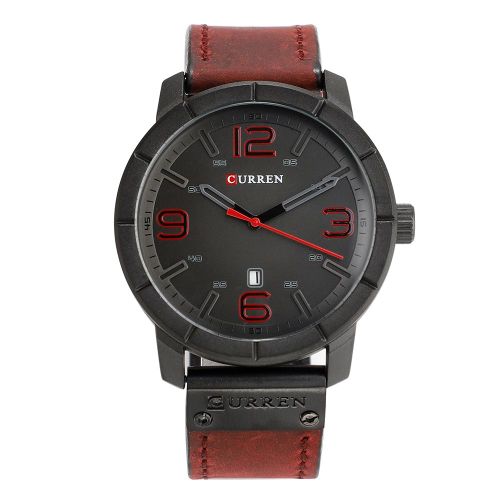 Montre A Quartz Curren Pour Homme, Bracelet En Cuir Synthetique, Etanche Jusqu'a 3 Atm, Calendrier (Noir Et Rouge)
