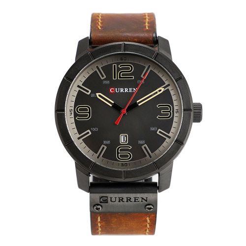 Montre A Quartz Curren Pour Homme, Bracelet En Cuir Synthetique, Etanche Jusqu'a 3 Atm, Calendrier (Noir Kaki)