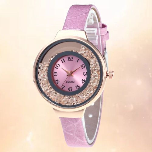 Montre A Quartz Etroite Zhoulianfa En Cuir Pu, Cadran Unique A Effet Sable Mouvant Pour Femme (Rose)