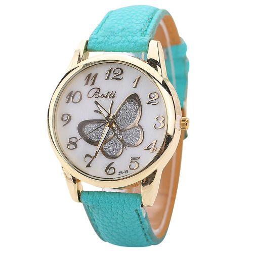 Montre A Quartz Tendance Avec Bracelet En Cuir Synthetique Et Cadran Papillon Pour Femme (Bleu Ciel)