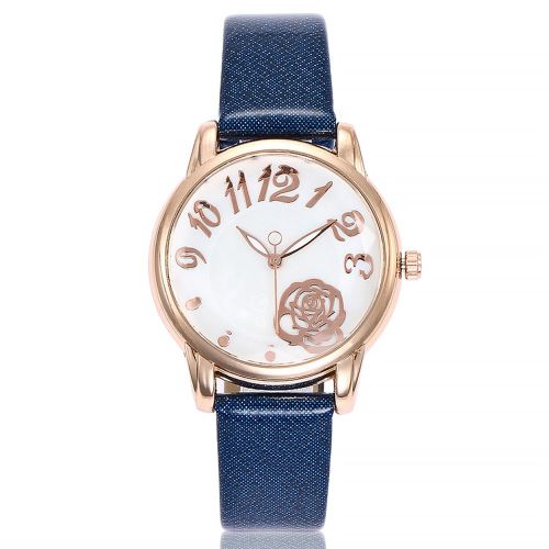 Montre A Quartz Vansvar Pour Femme Avec Bracelet En Cuir Synthetique Et Cadran A Motif De Fleurs Roses (Bleu Fonce)