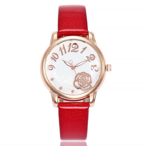Montre A Quartz Vansvar Pour Femme Avec Bracelet En Cuir Synthetique Et Cadran A Motif De Fleurs Roses (Rouge)