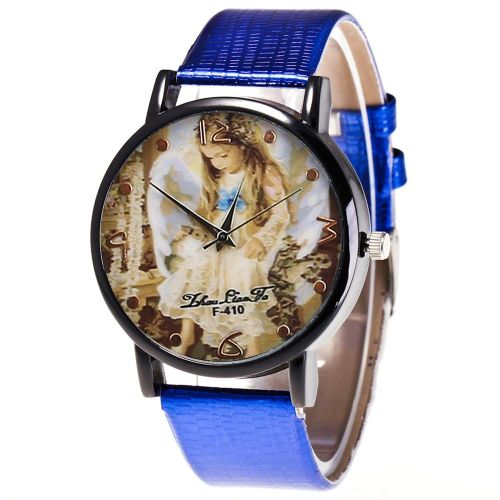 Montre A Quartz Zhoulianfa Avec Bracelet En Cuir Synthetique Et Cadran A Motif Little Angle Girl, Unisexe (Bleu)