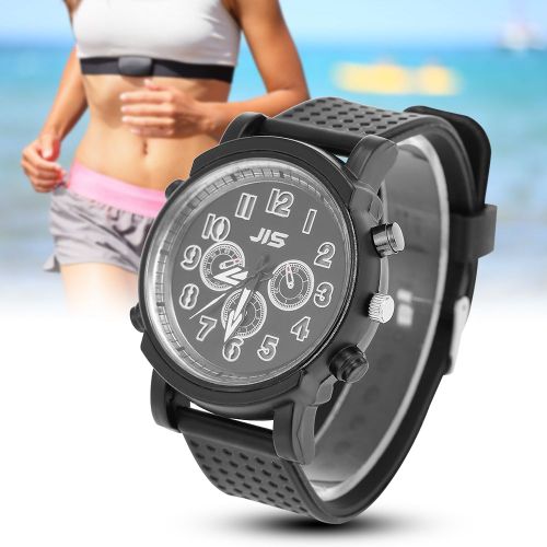 Montre Analogique A Quartz Jis Avec Lumiere Led Et Bracelet Rond En Silicone (Cadran Noir)
