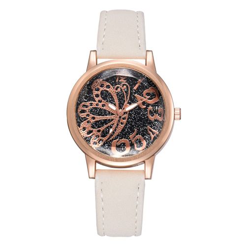 Montre-Bracelet A Quartz En Alliage Avec Bracelet En Pu Pour Femme, Motif Papillon, Cadran Miroir (Blanc)