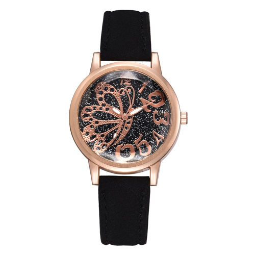 Montre-Bracelet A Quartz En Alliage Avec Bracelet En Pu Pour Femme, Motif Papillon, Cadran Miroir (Noir)