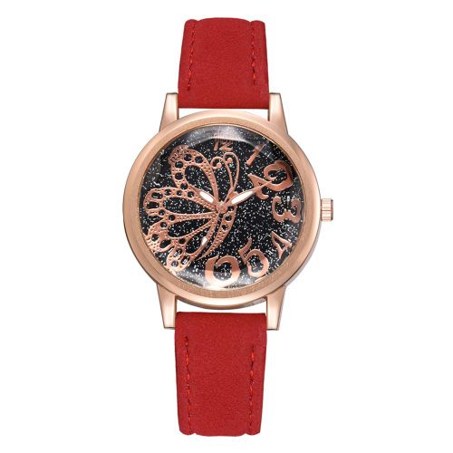 Montre-Bracelet A Quartz En Alliage Avec Bracelet En Pu Pour Femme, Motif Papillon, Cadran Miroir (Rouge)