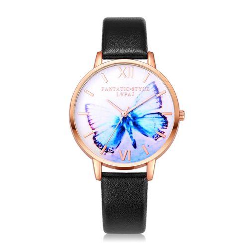 Montre-Bracelet A Quartz Lvpai Pour Femme, Motif Papillon, En Pu, Decontractee (Noir)