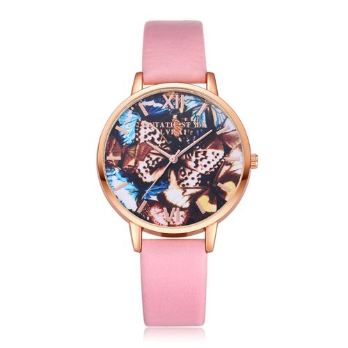 Montre-Bracelet A Quartz Lvpai Pour Femme, Motif Papillon, En Pu, Decontractee (Rose)