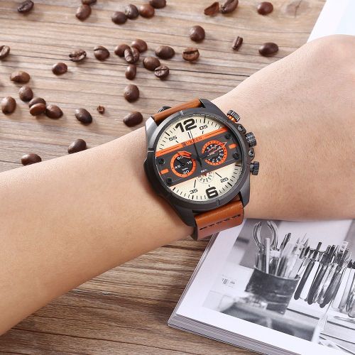 Montre-Bracelet Analogique A Quartz Pour Homme Curren, Bracelet En Cuir Synthetique, Etanche (Noir Et Jaune)