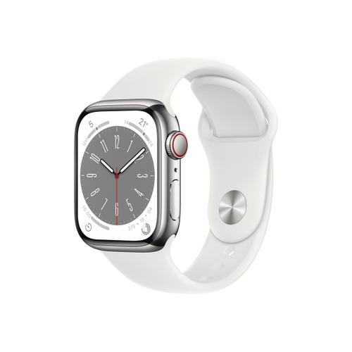 Apple Watch Series 8 (Gps + Cellular) - - Botier 41 Mm Acier Inoxydable Argent Avec Bracelet Sport Blanc