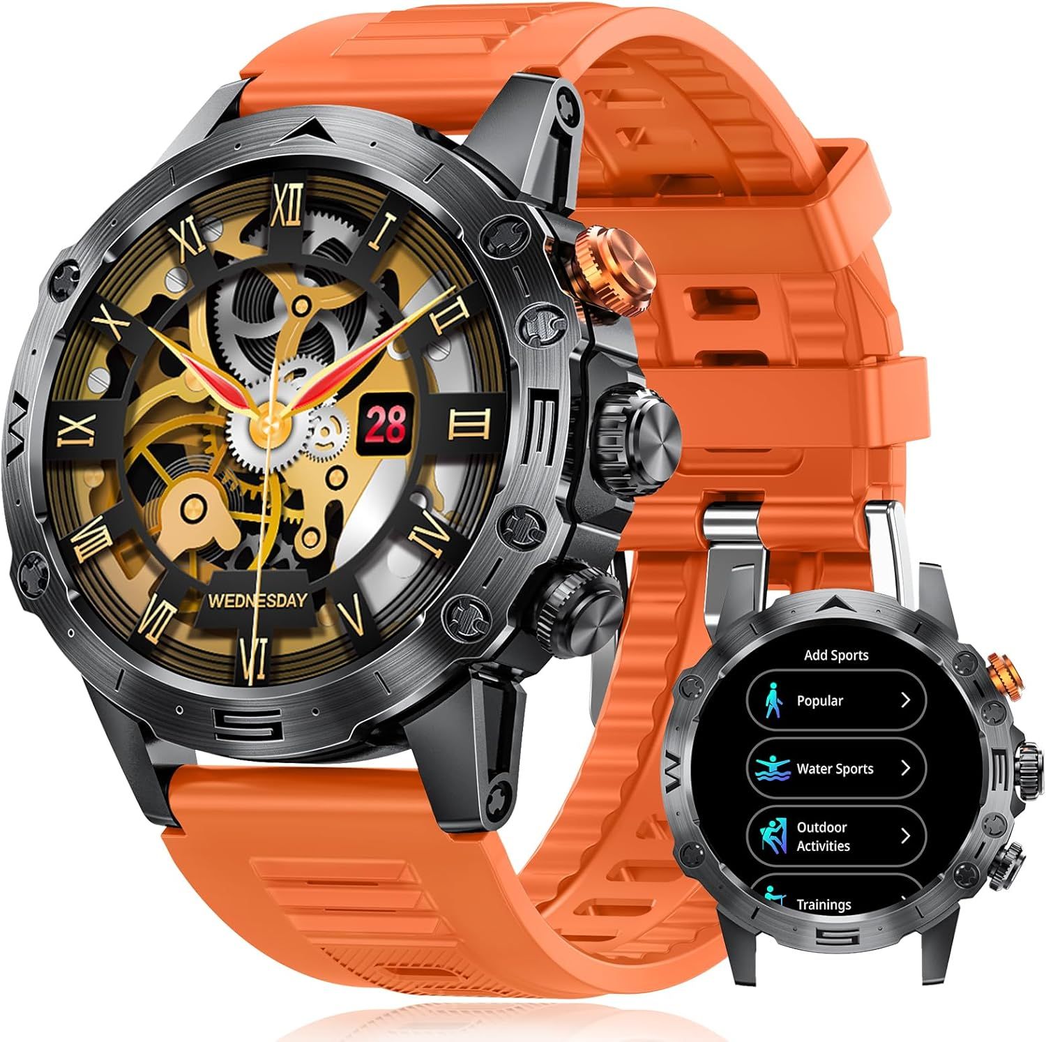 Montre Connecte Homme Militaire, 1.53'' Ips Smartwatch Avec Appel Bluetooth, Ip68 tanche, 120+ Sportifs Podomtre, Frquence Cardiaque, Sommeil, Spo2 Moniteur Pour Android Ios, Noir Orange