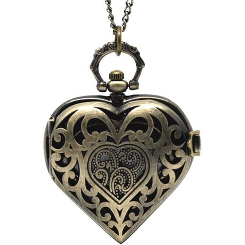 Montre Gousset Pendentif De Poche Forme Coeur Creux Avec Chaine Bronze Antique