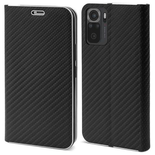 Moozy tui Portefeuille Pour Xiaomi Redmi Note 10 - Note 10s, Noir Carbone - tui  Rabat Avec Bordure Mtallique