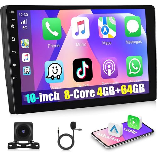 Motorsi Autoradio 2 Din 4g + 64g Qualcomm Sans Fil Apple Carplay Et Android Auto, cran Tactile Hd 10'' Avec Gps, Bluetooth, Mirror Link, Swc, Eq, Fm, Rds, Ahd, Camra De Recul Et Micro