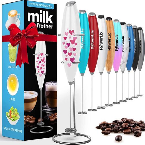 Mousseur  Lait lectrique  Piles PowerLix avec support en acier inoxydable, 15-20s, puissant 19 000 tr/min, Coeurs