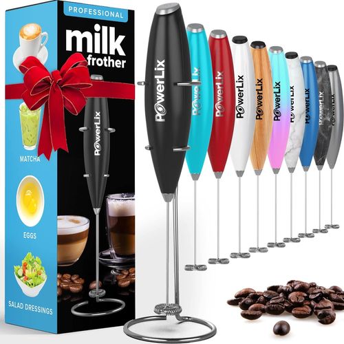 PowerLix Mousseur  Lait lectrique  Piles - Mousseur Lait avec support en acier inoxydable,15-20s,puissant 19 000 tr/min,mini mousseur  caf pour latte,cappuccino,chocolat chaud,noir mtallique