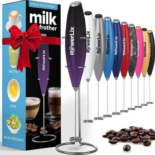 Mousseur  Lait lectrique  Piles PowerLix avec support en acier inoxydable, 15-20s, puissant 19 000 tr/min, Ombre Noir