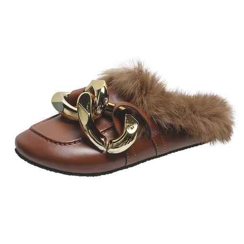 Mules  Chane En Mtal Et Fourrure Vritable Pour Femme, Mocassins  Bout Rond, Chaussures Dcontractes, Tongs Duveteuses Et Poilues, Hiver - 38 1/2