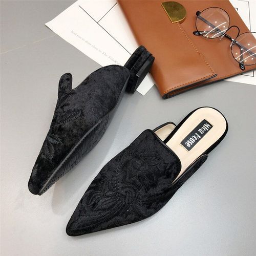Mules Brodes En Fourrure Pour Femmes, Demi-Pantoufles, Chaussures En Velours 3d, Dcoration Florale,  La Mode - 35