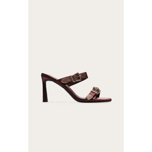 Mules Carres Pointure Large Satines Chocolat  Talon Aiguille Haut Et Bride Boucle, Chocolat