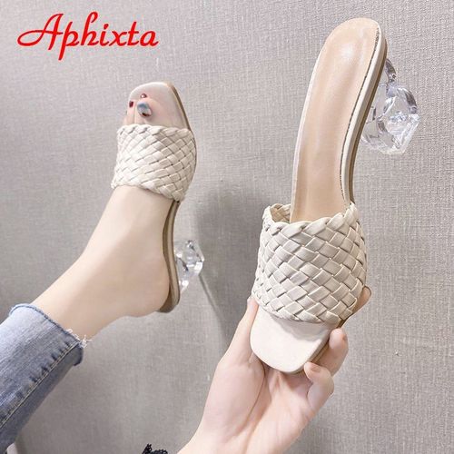 Mules D't Pour Femmes, Pantoufles Design, Diapositives De Sandales, Cordon Tress, Talons Transparents De 7cm, Chaussures Pour Femmes, 2021 - 42