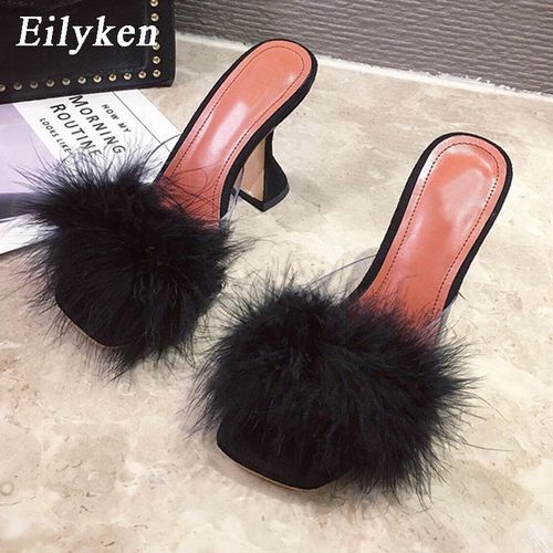Mules En Fourrure Pour Femmes, Pantoufles En Plumes, Pvc, Transparentes, Talons Hauts, Sandales  Bout Ouvert, Chaussures D't - 36