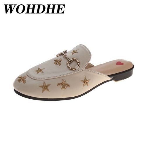 Mules Femme En Cuir Orn D'abeilles Brodes, Chaussures  Enfiler Avec Boucle En Mtal, Joli Modle Confortable, Demi Pantoufles - 38