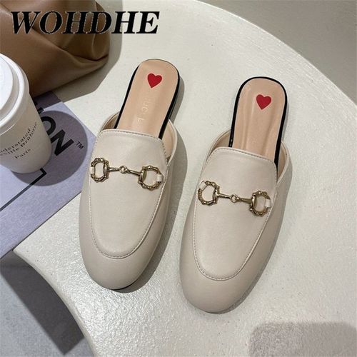 Mules Femme En Cuir Orn D'abeilles Brodes, Chaussures  Enfiler Avec Boucle En Mtal, Joli Modle Confortable, Demi Pantoufles - 37