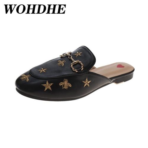 Mules Femme En Cuir Orn D'abeilles Brodes, Chaussures  Enfiler Avec Boucle En Mtal, Joli Modle Confortable, Demi Pantoufles - 38