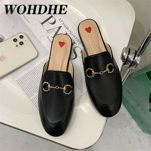 Mules Femme En Cuir Orn D'abeilles Brodes, Chaussures  Enfiler Avec Boucle En Mtal, Joli Modle Confortable, Demi Pantoufles - 35