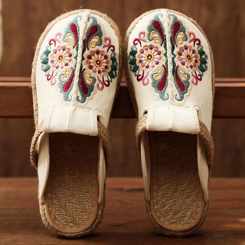 Mules Plates Brodes  La Main En Lin Pour Femmes, Pantoufles Rtro Vgtaliennes D't Pour Dames, Chaussures Espadrilles Confortables En Toile - 40