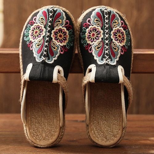 Mules Plates Brodes  La Main En Lin Pour Femmes, Pantoufles Rtro Vgtaliennes D't Pour Dames, Chaussures Espadrilles Confortables En Toile - 40