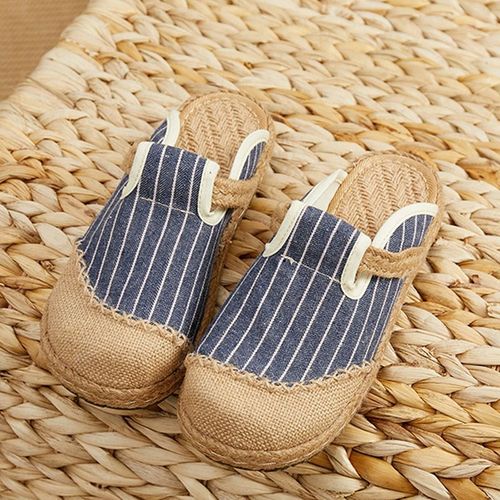 Mules Plates Brodes  La Main En Lin Pour Femmes, Pantoufles Rtro Vgtaliennes D't Pour Dames, Chaussures Espadrilles Confortables En Toile - 40 1/2