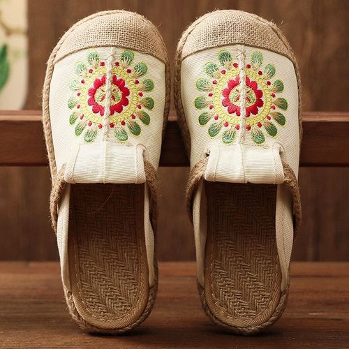 Mules Plates Brodes  La Main En Lin Pour Femmes, Pantoufles Rtro Vgtaliennes D't Pour Dames, Chaussures Espadrilles Confortables En Toile - 40