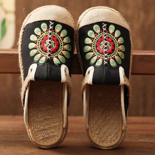 Mules Plates Brodes  La Main En Lin Pour Femmes, Pantoufles Rtro Vgtaliennes D't Pour Dames, Chaussures Espadrilles Confortables En Toile - 42