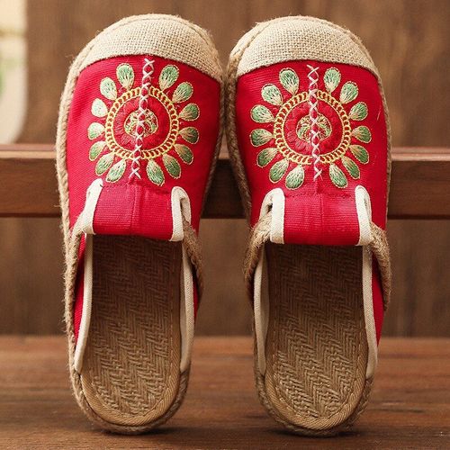Mules Plates Brodes  La Main En Lin Pour Femmes, Pantoufles Rtro Vgtaliennes D't Pour Dames, Chaussures Espadrilles Confortables En Toile - 40
