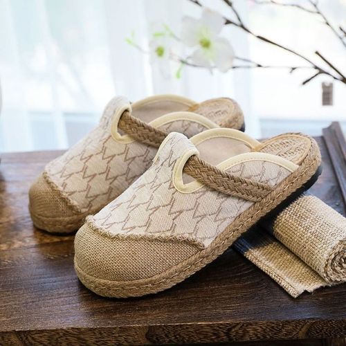 Mules Plates Brodes  La Main En Lin Pour Femmes, Pantoufles Rtro Vgtaliennes D't Pour Dames, Chaussures Espadrilles Confortables En Toile - 43
