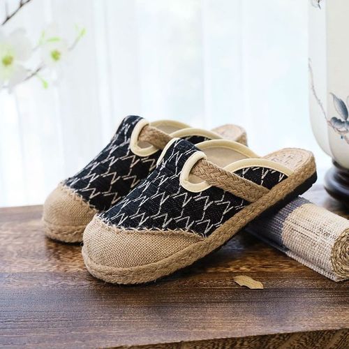 Mules Plates Brodes  La Main En Lin Pour Femmes, Pantoufles Rtro Vgtaliennes D't Pour Dames, Chaussures Espadrilles Confortables En Toile - 40