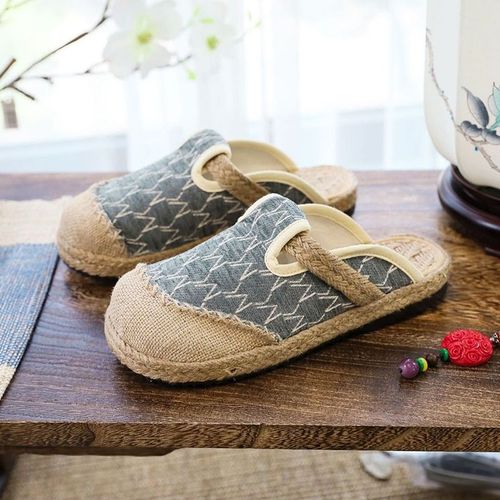 Mules Plates Brodes  La Main En Lin Pour Femmes, Pantoufles Rtro Vgtaliennes D't Pour Dames, Chaussures Espadrilles Confortables En Toile - 38 1/2