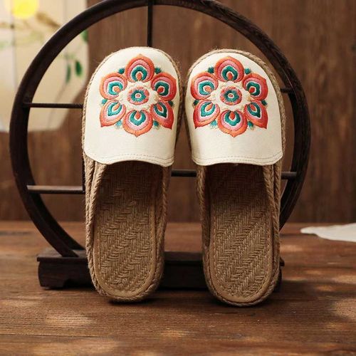Mules Plates Brodes  La Main En Lin Pour Femmes, Pantoufles Rtro Vgtaliennes D't Pour Dames, Chaussures Espadrilles Confortables En Toile - 36 1/2