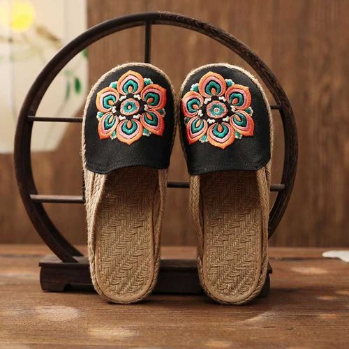 Mules Plates Brodes  La Main En Lin Pour Femmes, Pantoufles Rtro Vgtaliennes D't Pour Dames, Chaussures Espadrilles Confortables En Toile - 38 1/2