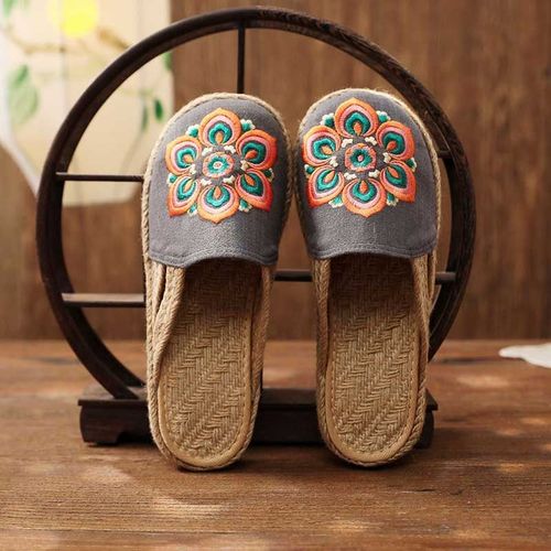 Mules Plates Brodes  La Main En Lin Pour Femmes, Pantoufles Rtro Vgtaliennes D't Pour Dames, Chaussures Espadrilles Confortables En Toile - 38 1/2