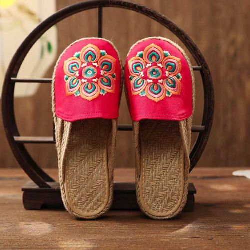 Mules Plates Brodes  La Main En Lin Pour Femmes, Pantoufles Rtro Vgtaliennes D't Pour Dames, Chaussures Espadrilles Confortables En Toile - 35 1/2