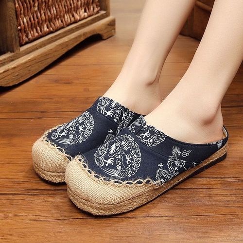 Mules Plates Brodes  La Main En Lin Pour Femmes, Pantoufles Rtro Vgtaliennes D't Pour Dames, Chaussures Espadrilles Confortables En Toile - 42
